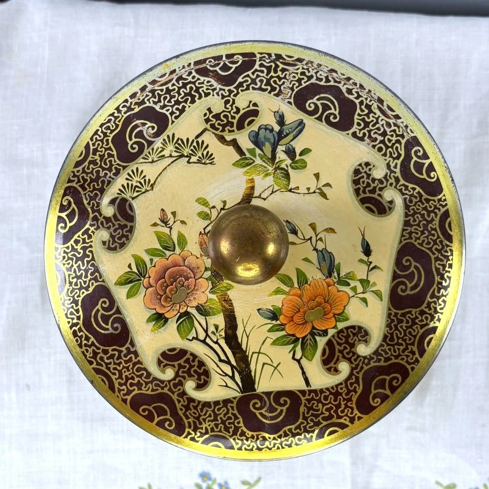 Vintage Container Made in England Floral Chinoiserie Metal Tin with Handle Gold
